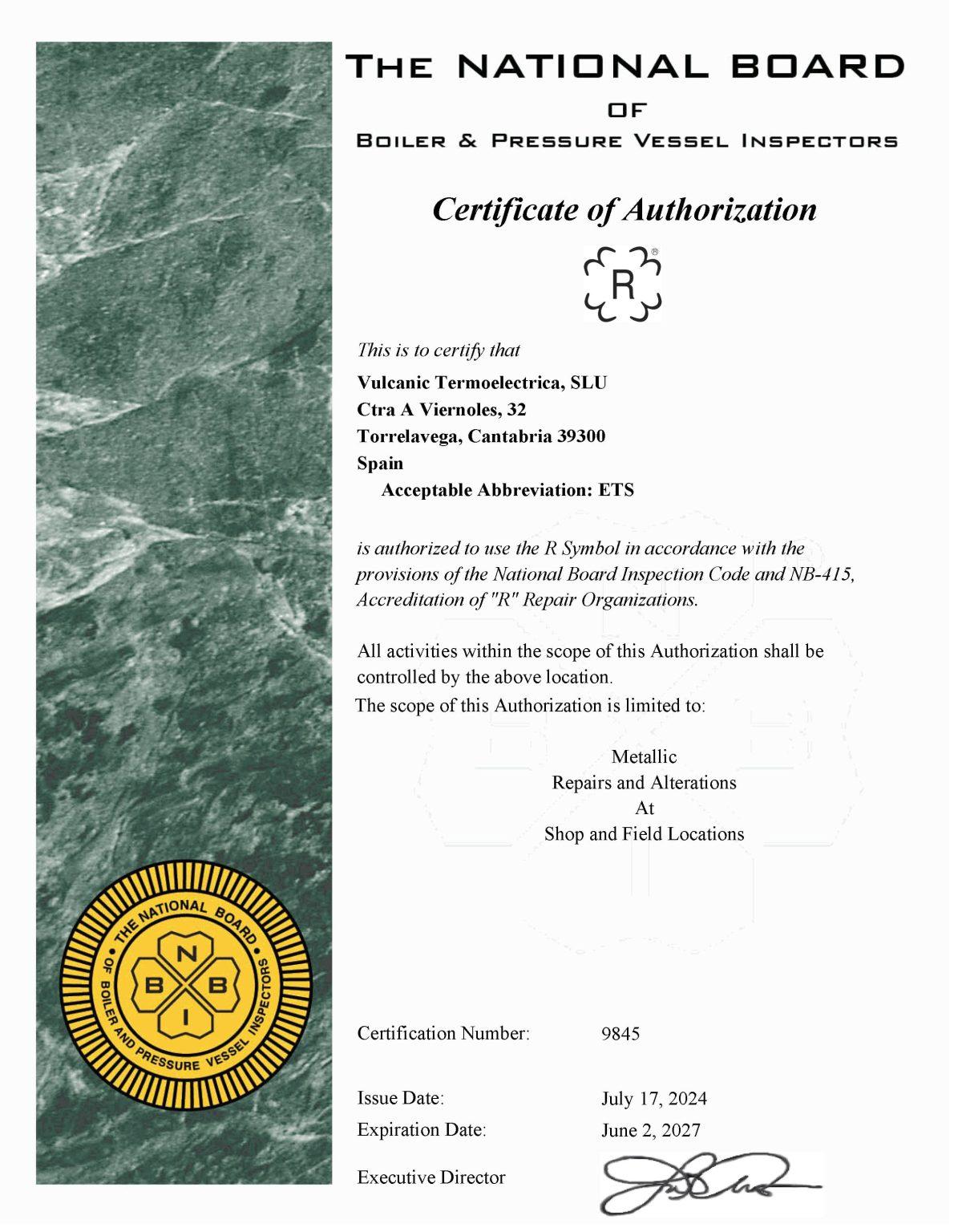 certificat boiler pressure vessel inspectors